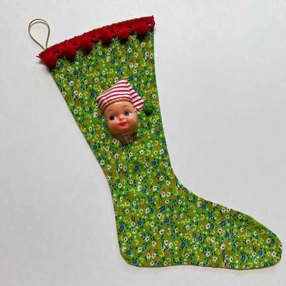 Christmas Stocking with Dolly Face Holiday Decor Xmas Vintage Handmade - Picture 2 of 5